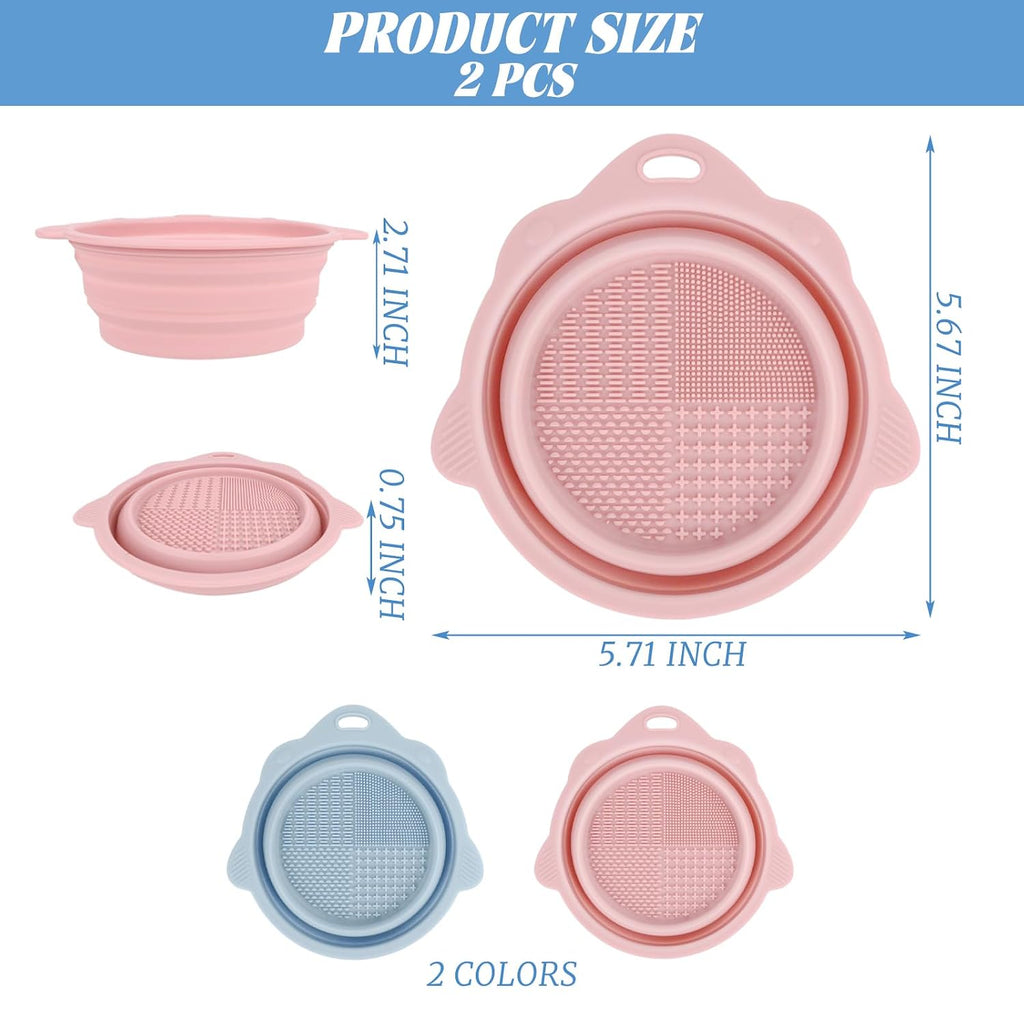 Collapsible Makeup Brush Cleaner Bowl, 2 Pack Silicone Washing Mat for Cleaning Daily Beauty Tools, Pink and Blue