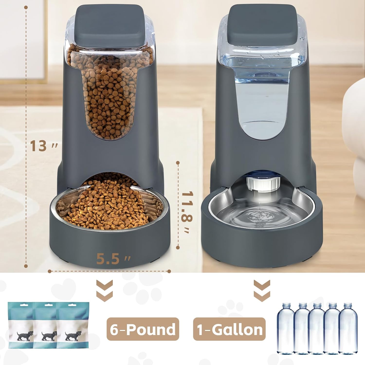 Automatic Cat Feeder and Water Dispenser with Stainless Steel Bowl Dog Gravity Food Feeder and Waterer for Small