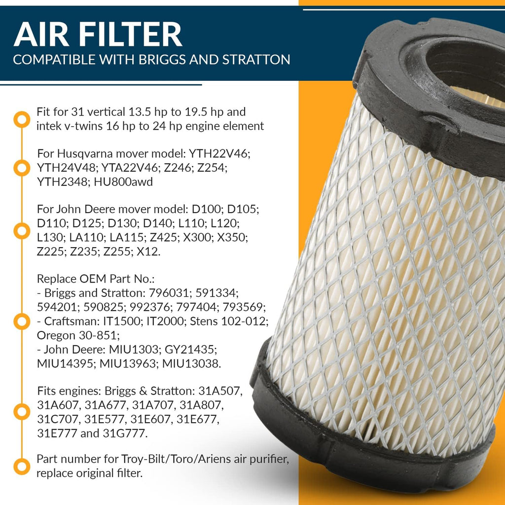 796031 Air Filter Tune Up Kit, Compatible with Briggs and Stratton 591334 492932 696854; John Deere D100 D110 D125