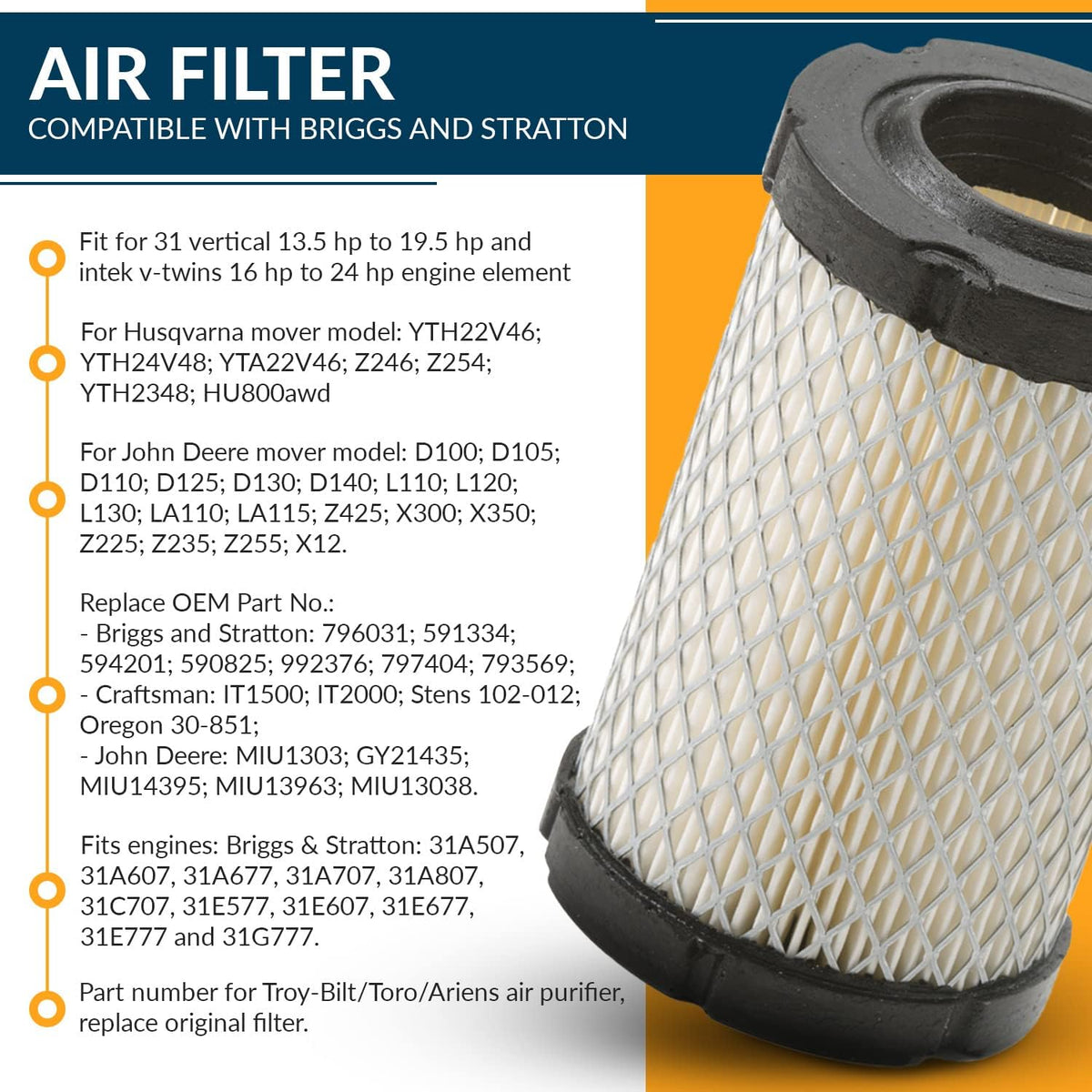 796031 Air Filter Tune Up Kit, Compatible with Briggs and Stratton 591334 492932 696854; John Deere D100 D110 D125