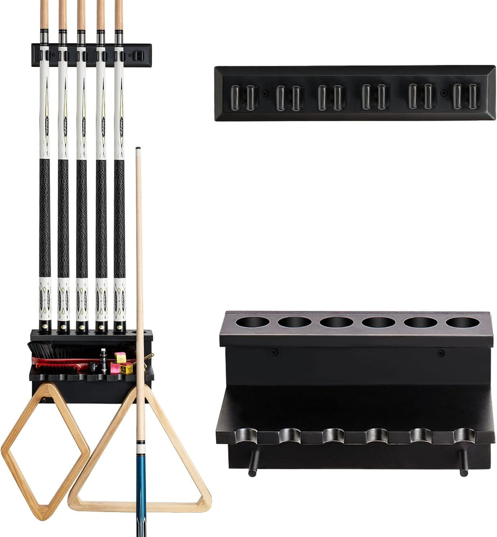 Wall Mount Pool Stick Holder - Billiards Pool Cue Rack Hardwood Pool Cue Set Holder for 6 Cues Sticks Storage Pool