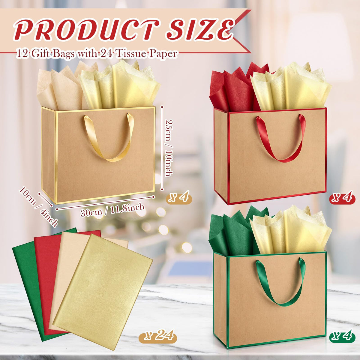 12 Pack Paper Gift Bag with Handles & Tissue, Green, Red, Gold