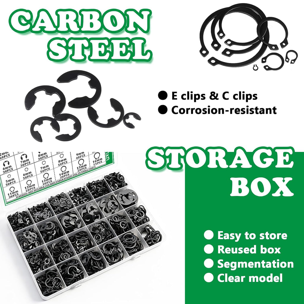 900PCS Snap Rings Kit, E Clips Kit (2-12MM) and C Clips Kit (5-16MM)