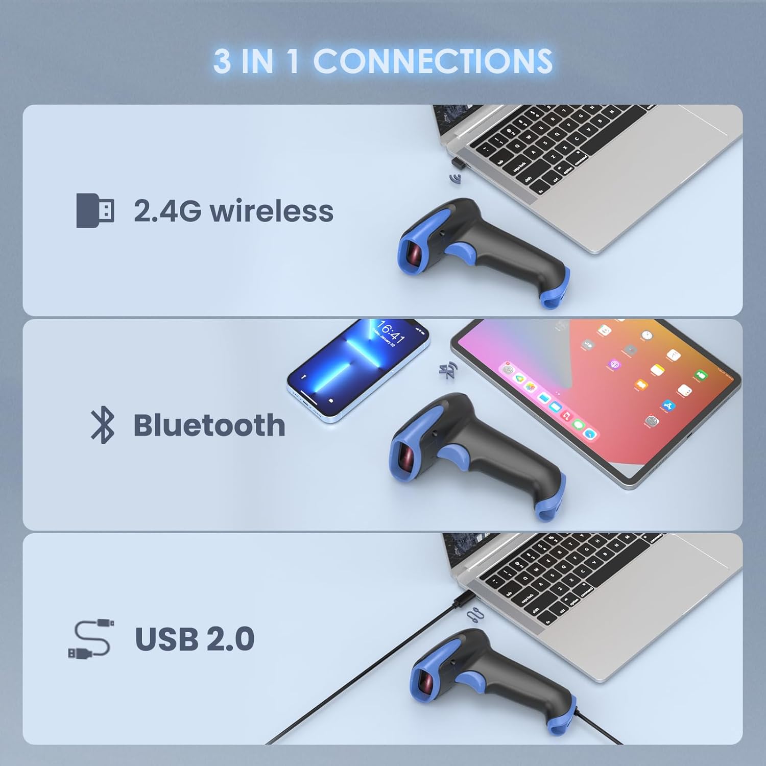 1D 2D Barcode Scanner Wireless Bluetooth Handheld Cordless | QR Bar Code Reader, 2500mAh, USB Wired