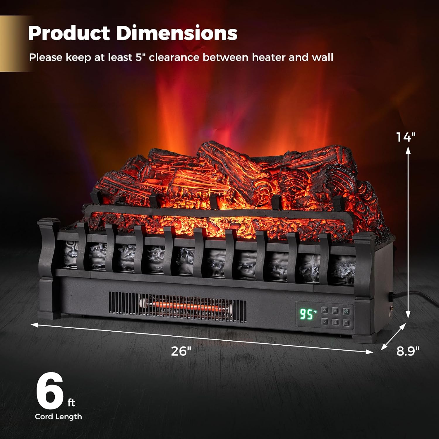 26” Fireplace Logs Heater - Realistic Pinewood, APP, Remote, Alexa, WiFi, Adjustable Flame Color & Brightness, 8H