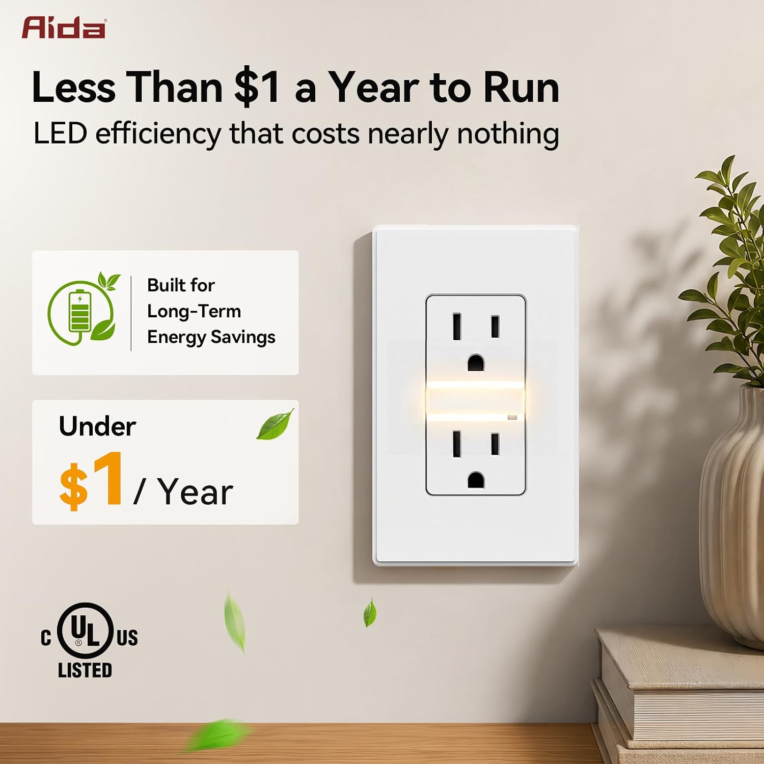 Self-Grounding Tamper-Resistant Wall Outlet with 3000K LED Night Light and Weatherproof Cover, White, 1 Pack
