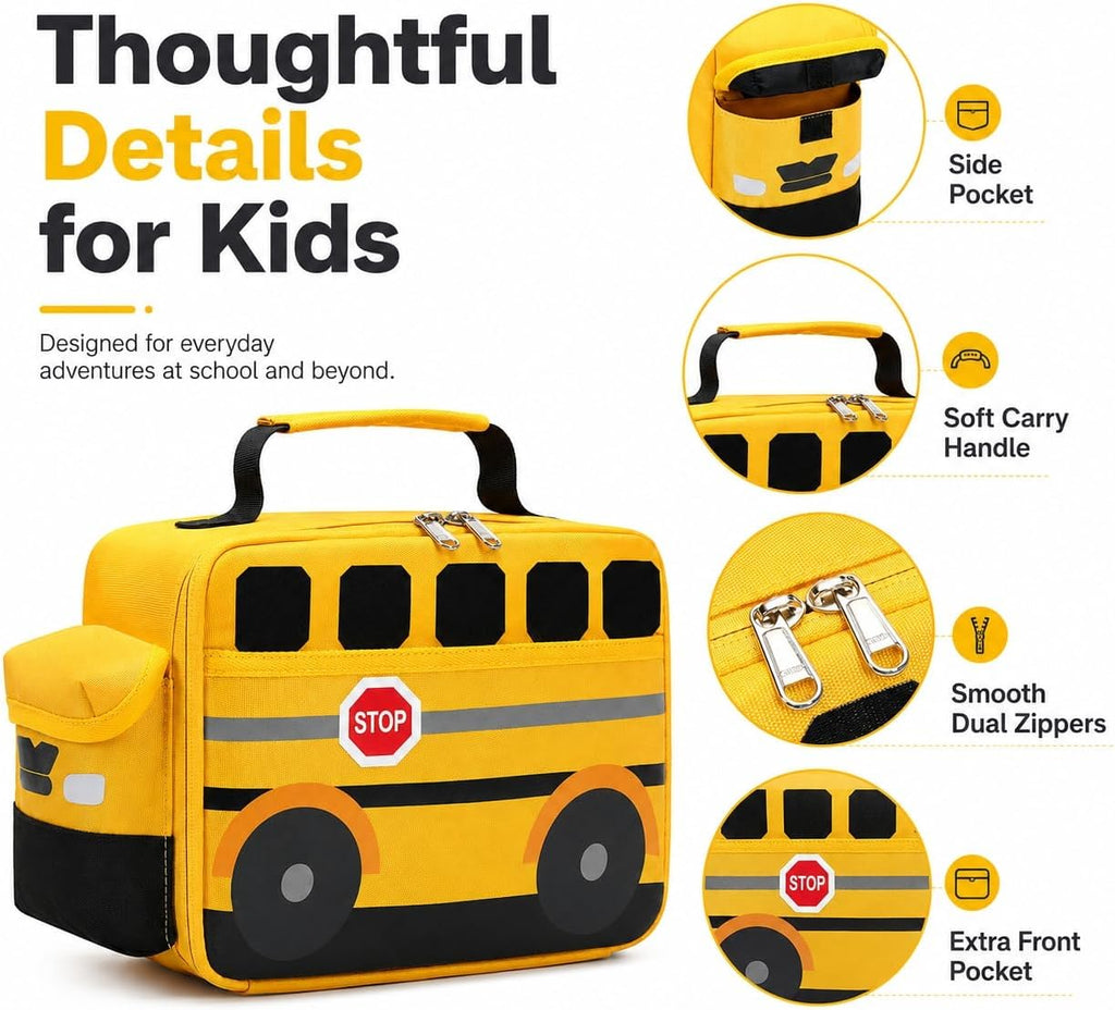 3D School Bus Lunch Box for Kids, Insulated Toddler Lunch Bag for Boys, Preschool, Daycare and Kindergarten, Reusable
