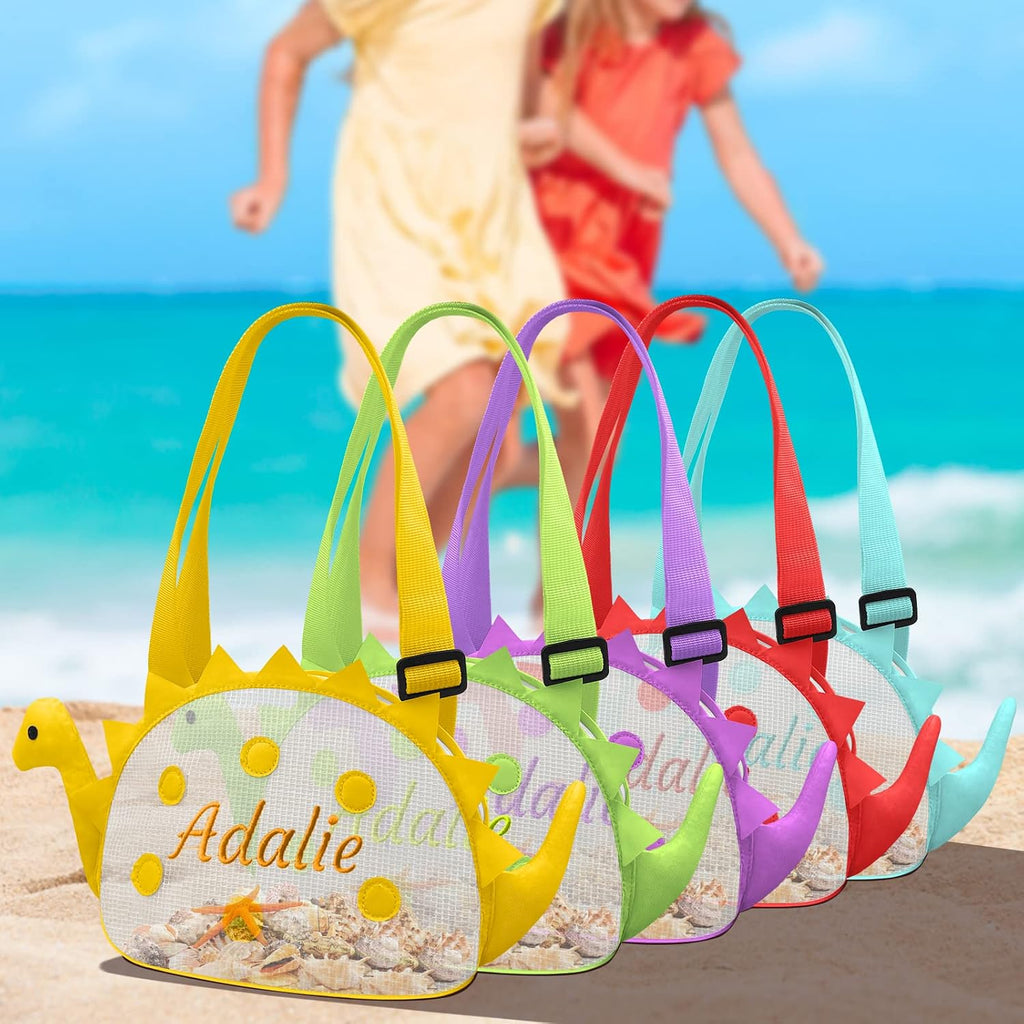 Beach Shell Bags Kids Mesh Personalized 3 Pack Dinosaur Shaped Shell Collecting Bag Kids Beach Toys Organizer with