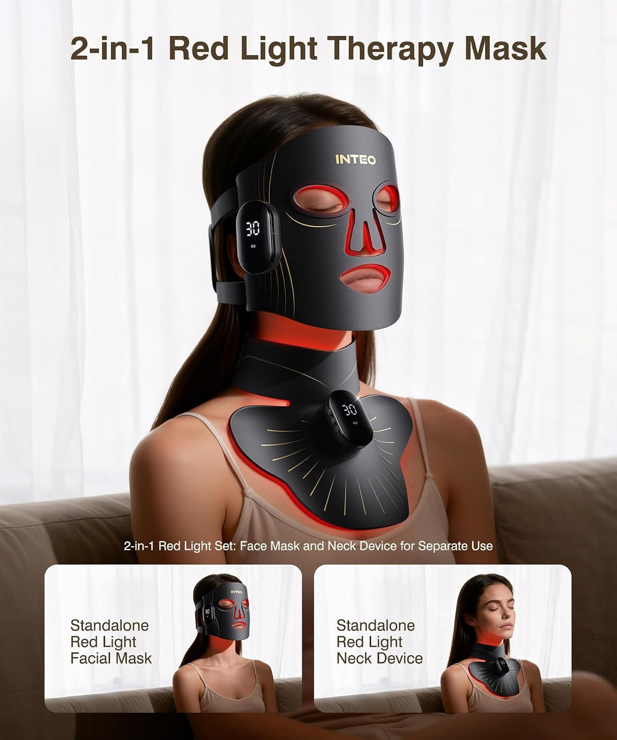 Red Light Therapy Mask for Face & Neck, Wireless LED Face Mask, 4 Modes