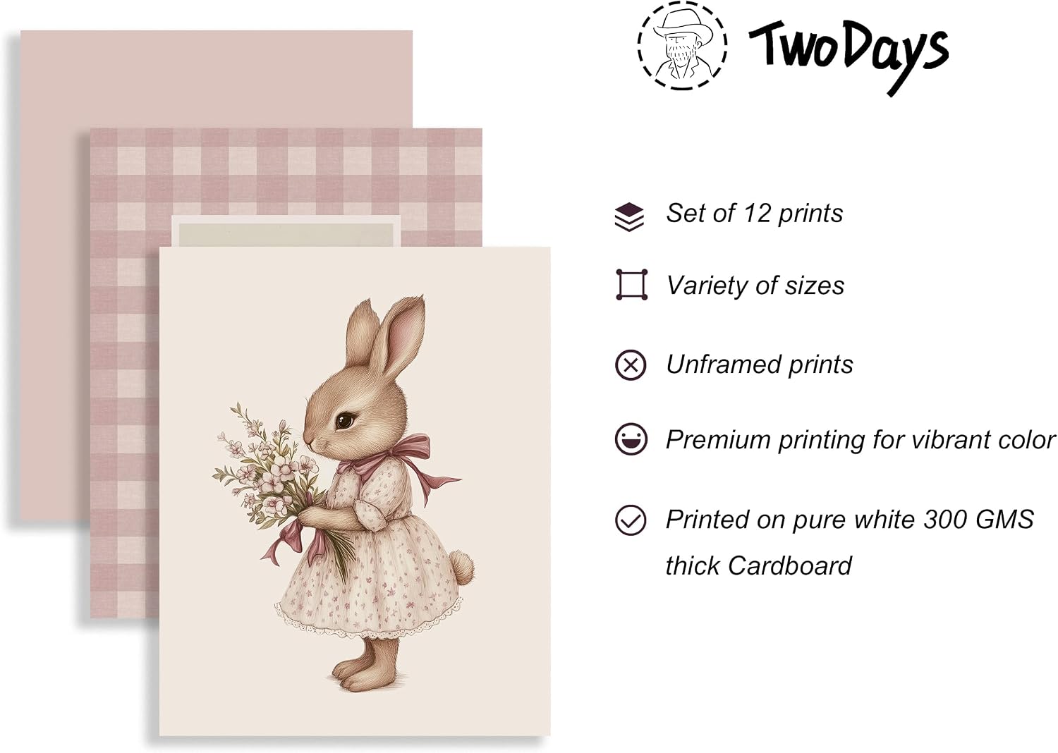 Vintage Nursery Decor for Baby Girls, Pink Rabbit Bunny Wall Art for Toddler Kids Playroom, Swan Animals Posters for