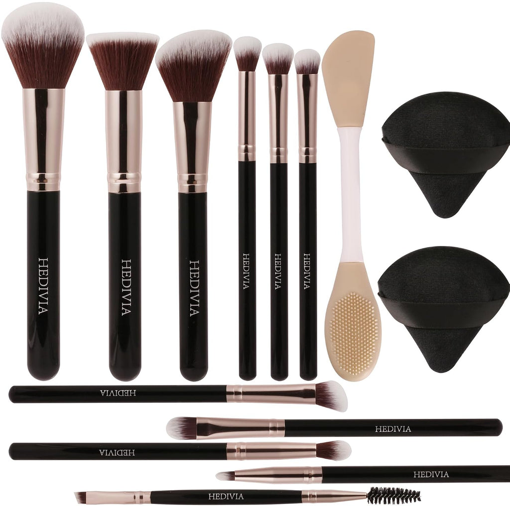 black Makeup Brushes Set 14 Pcs Professional, Synthetic Foundation Concealer Powder Blush Eyeshadow Brushes with 2