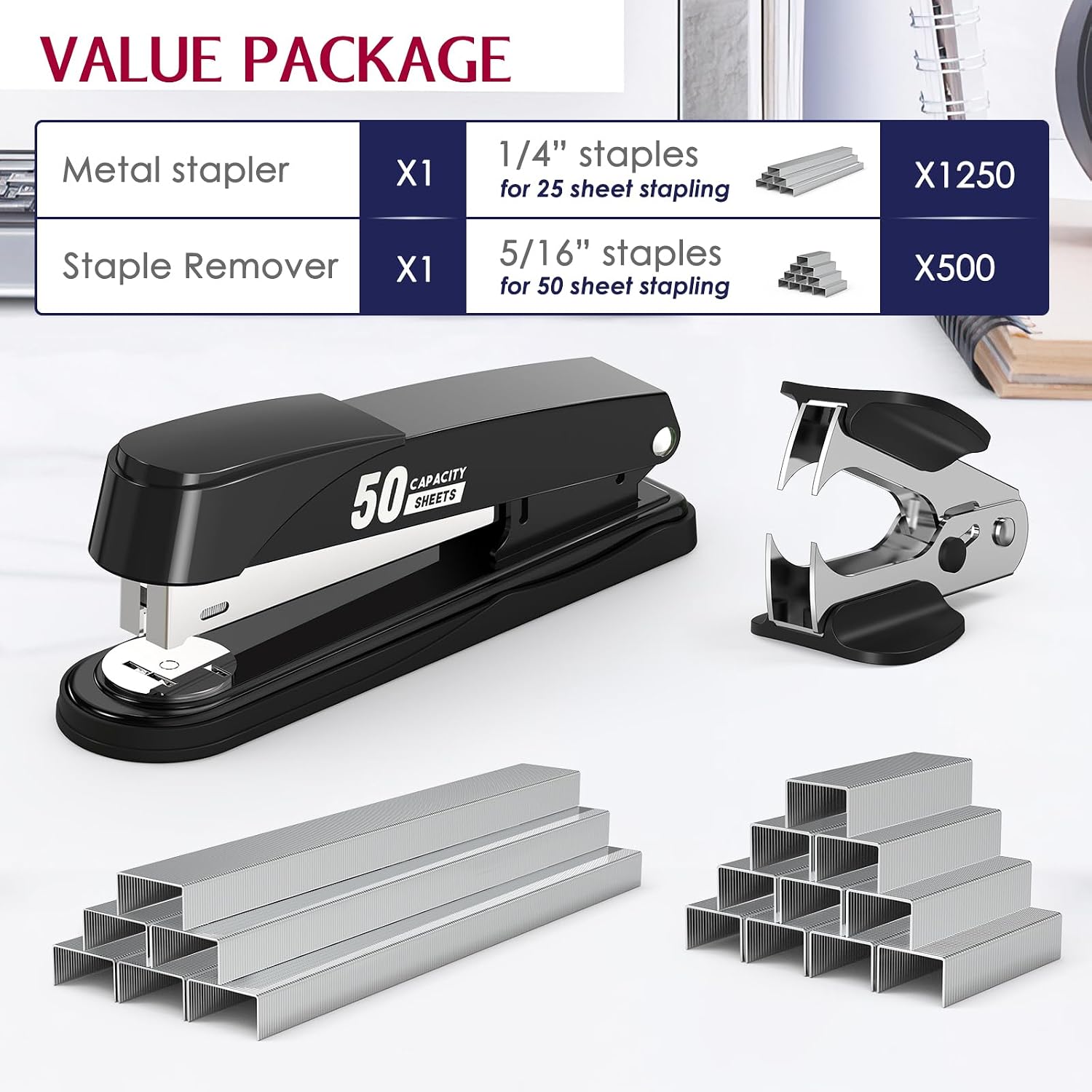 Metal Stapler Heavy Duty 50 Sheet Capacity with 1750 Staples and Staple Remover, Full Strip Staplers for Desk, No