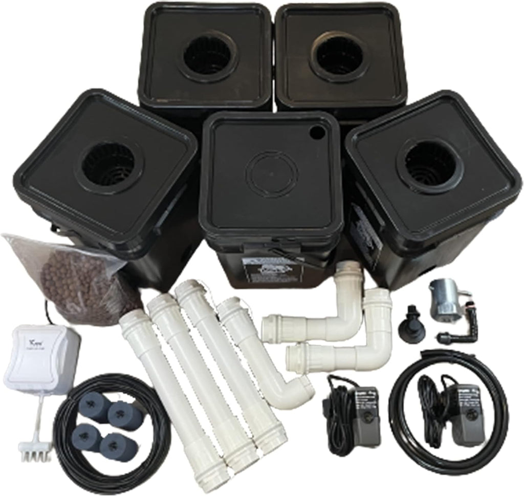 Recirculating Deep Water Culture RDWC Hydroponic Grow Kit System, 5 Gallon, 4 Site with Connected Reservoir