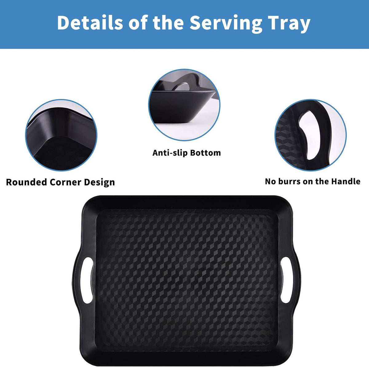 Plastic Tray with Handles, 2 Pack Multi-Purpose Rectangular Non Slip Restaurant Serving Trays Set for Parties, Coffee