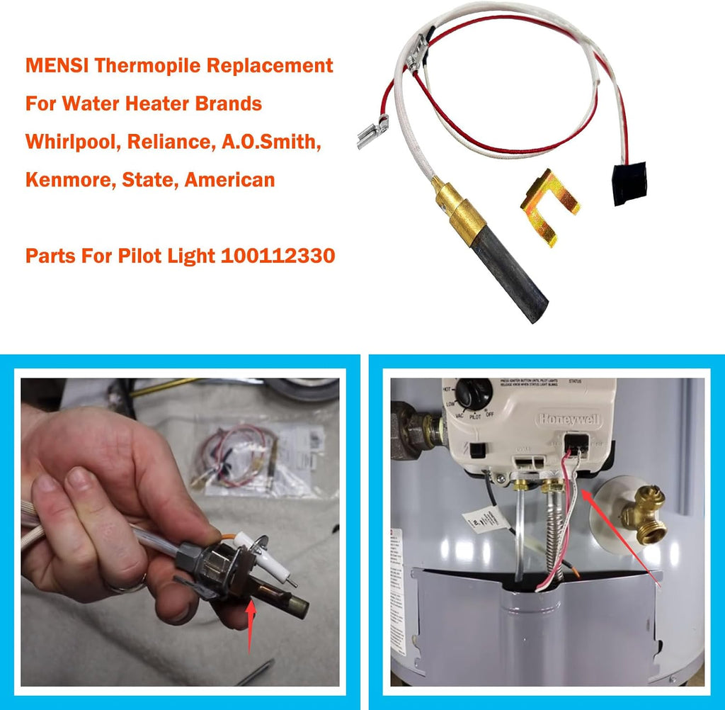 MENSI Milivolt Thermopile Replacement Parts for Reliance Whirlpool,A.O.Smith, Kenmore Brand Gas Water Heater Boilers Replace Model 100112330 9007876 9007877, Repalce 300 301 Series (1)