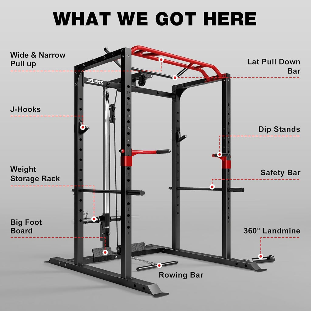 S11 Power Cage, 2000LB Multi-Function Power Rack with LAT Pulldown, Squat Rack with Adjustable Pulley System and