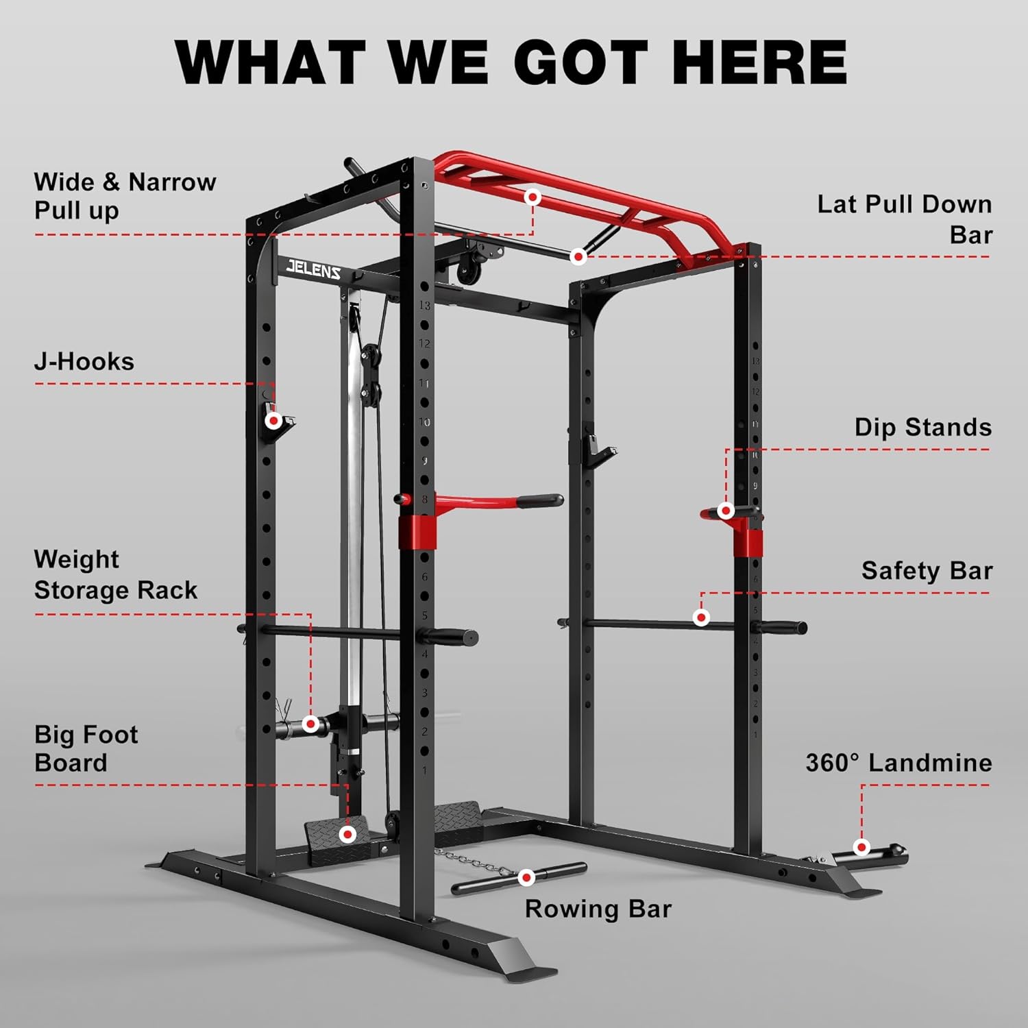 S11 Power Cage, 2000LB Multi-Function Power Rack with LAT Pulldown, Squat Rack with Adjustable Pulley System and