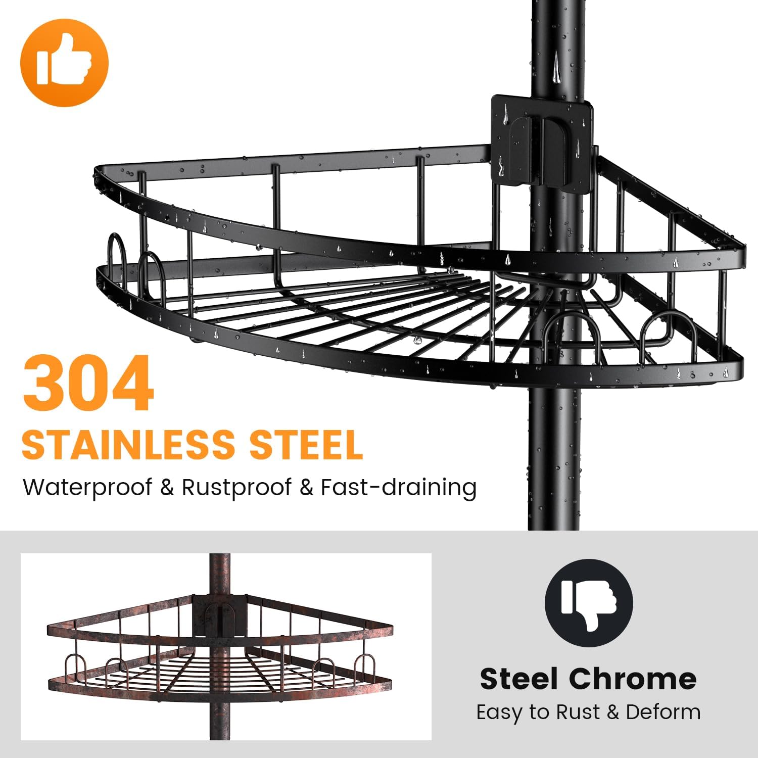 Adjustable Tension Pole Shower Caddy: Rustproof Corner Bathroom Organizer | 4-Tier 31-124" No Drill Standing Shelves