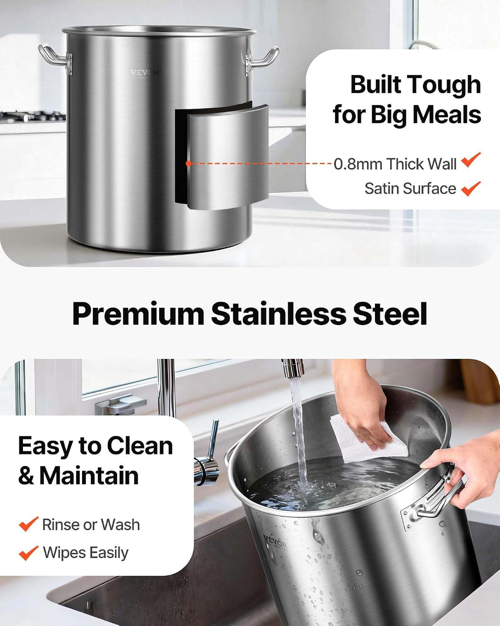 Stainless Steel Stockpot, 42 Quart Large Cooking Pots, Cookware Sauce Pot with Strainer, Lid, and Handle, Heavy Duty