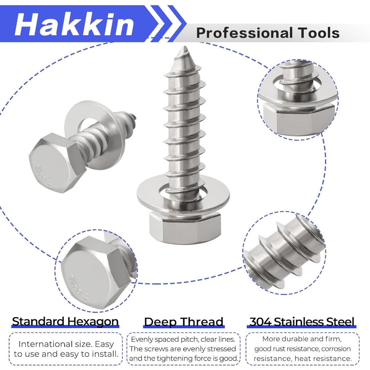 100PCS 1/4" 5/16" 3/8" Hex Lag Bolts Screws Washer Assortment Kit, Hexagon Head Lag Screws 304 Stainless Steel,Heavy