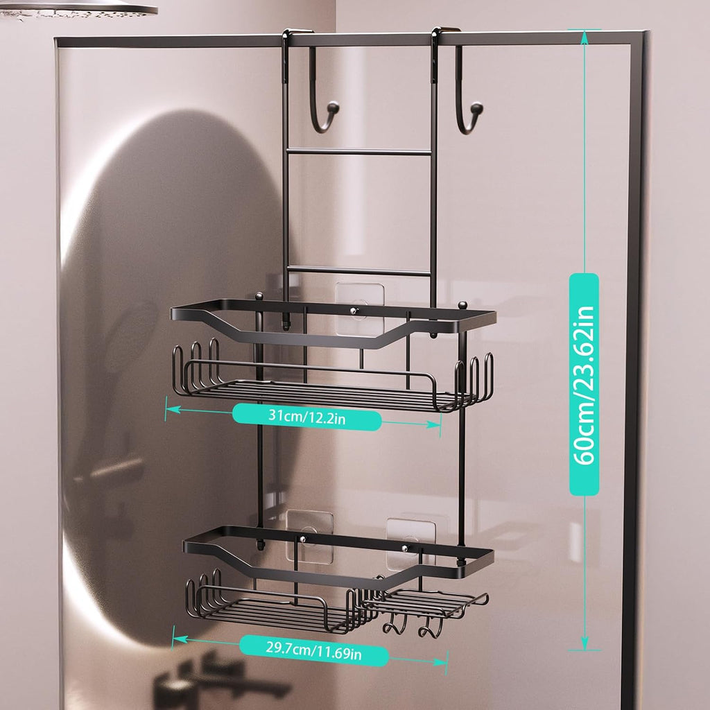 Hanging Shower Caddy Over the Door with Soap Holder, No Drilling Adhesive Shower Organizer with 11 Hooks, Rustproof &