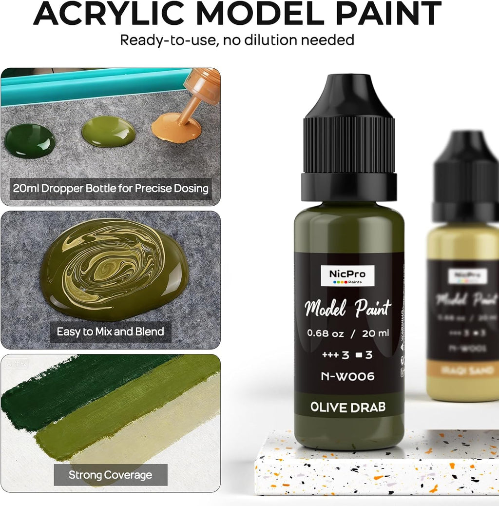10 Colors WWII U.S. Model Paint Set, 20ml Ready to Use | Modeling Acrylic Paints, Brush & Airbrush, Miniature Paint