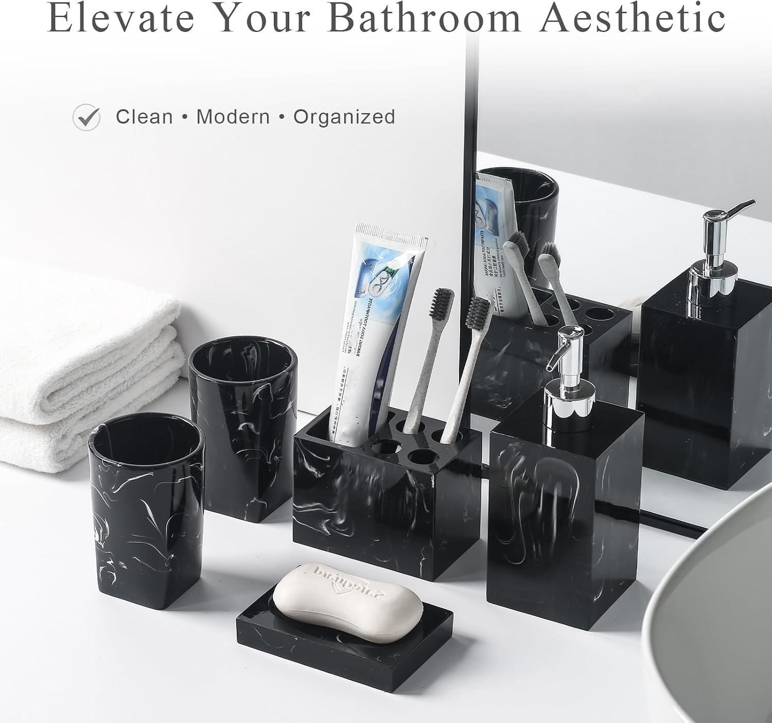 5 Piece Bathroom Accessories Set, Marble Resin Bathroom Vanity Set, Soap Dispenser, Toothbrush Holder, Soap Dish & 2