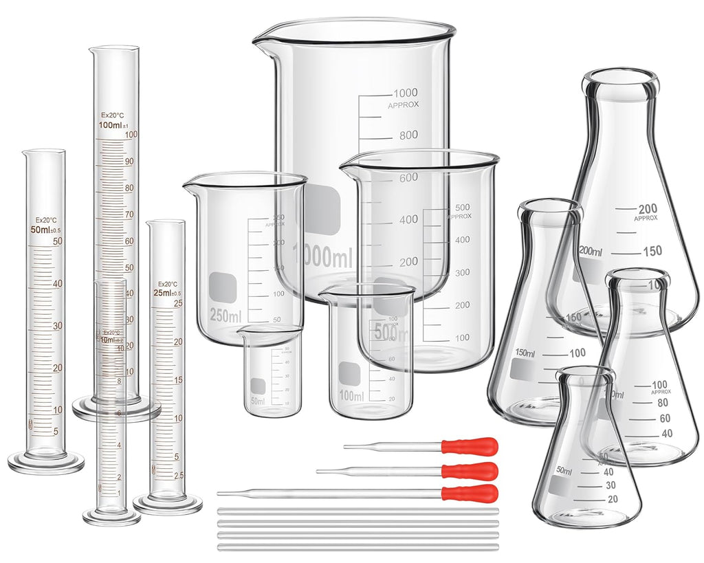 20 Pcs 50/100/250/500/1000ml Lab Glassware Beaker Set Include Graduated Cylinder, Glass Beaker Set, Glass Dropper