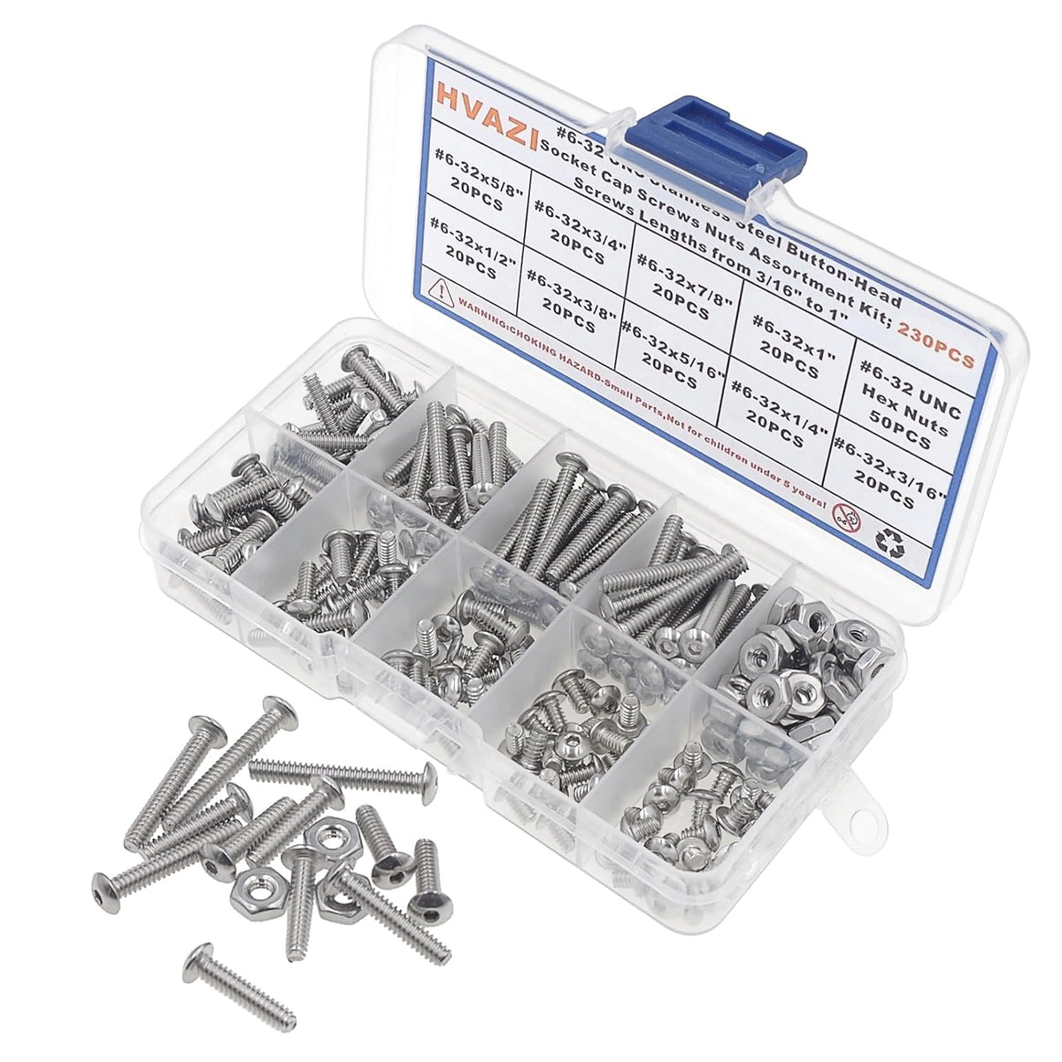 230PCS #6-32 UNC 304 SS Button-Head Socket Cap Screws & Hex Nuts Kit