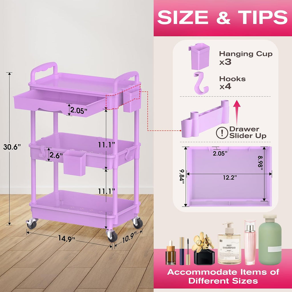 Rolling Makeup Organizer Cart with Removable Drawer, 3 Tier Purple