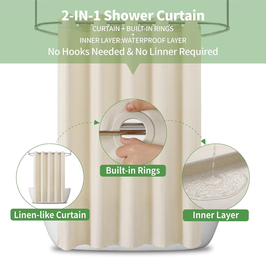 No Hooks & No Liner Needed Fabric Shower Curtain,71" Wx74 L,Cream | Linen Texture,100% Waterproof TPU Laminated