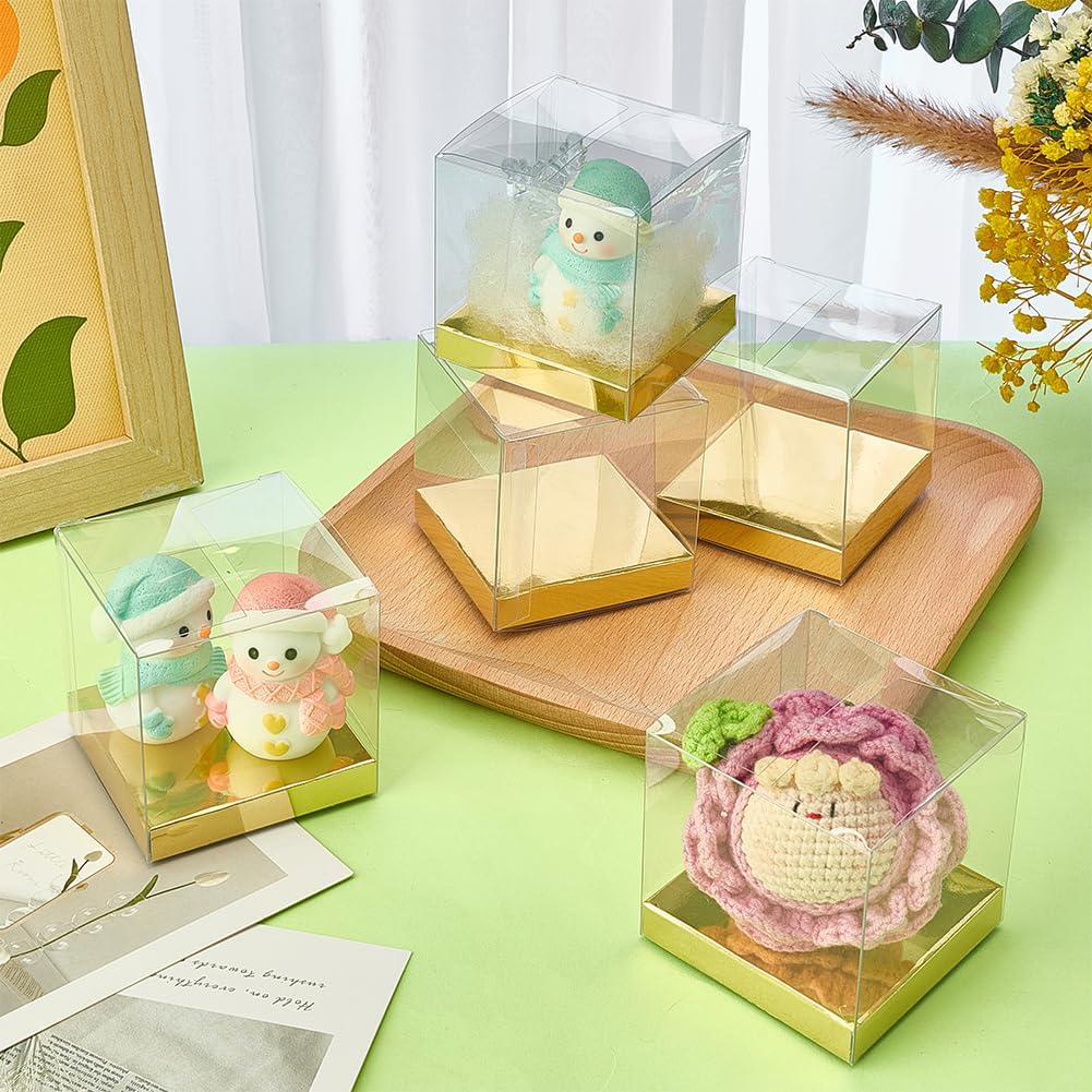 30 Pcs Clear Gift Boxes, 2.4x2.4x2.4 Inch Folding PVC Favor Boxes with Gold Paper Card Base for Wedding Birthday