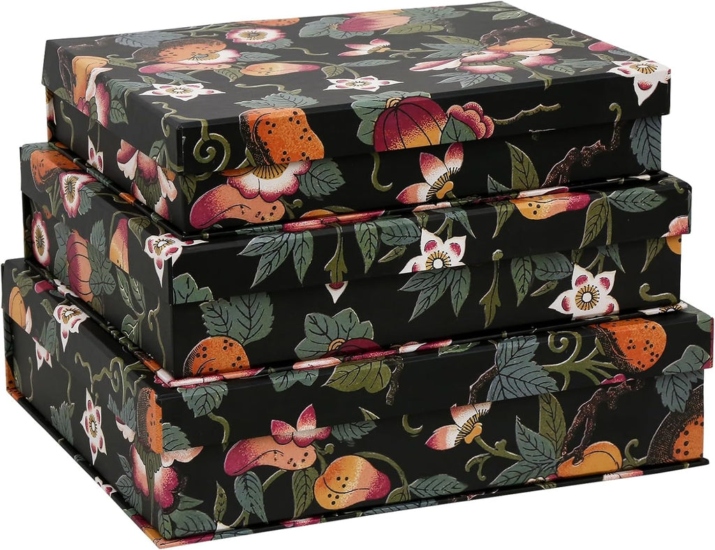 3-Piece Decorative Storage Boxes with Lids, Dark Botanical Floral & Fruit Pattern, Sturdy Cardboard Keepsake Boxes