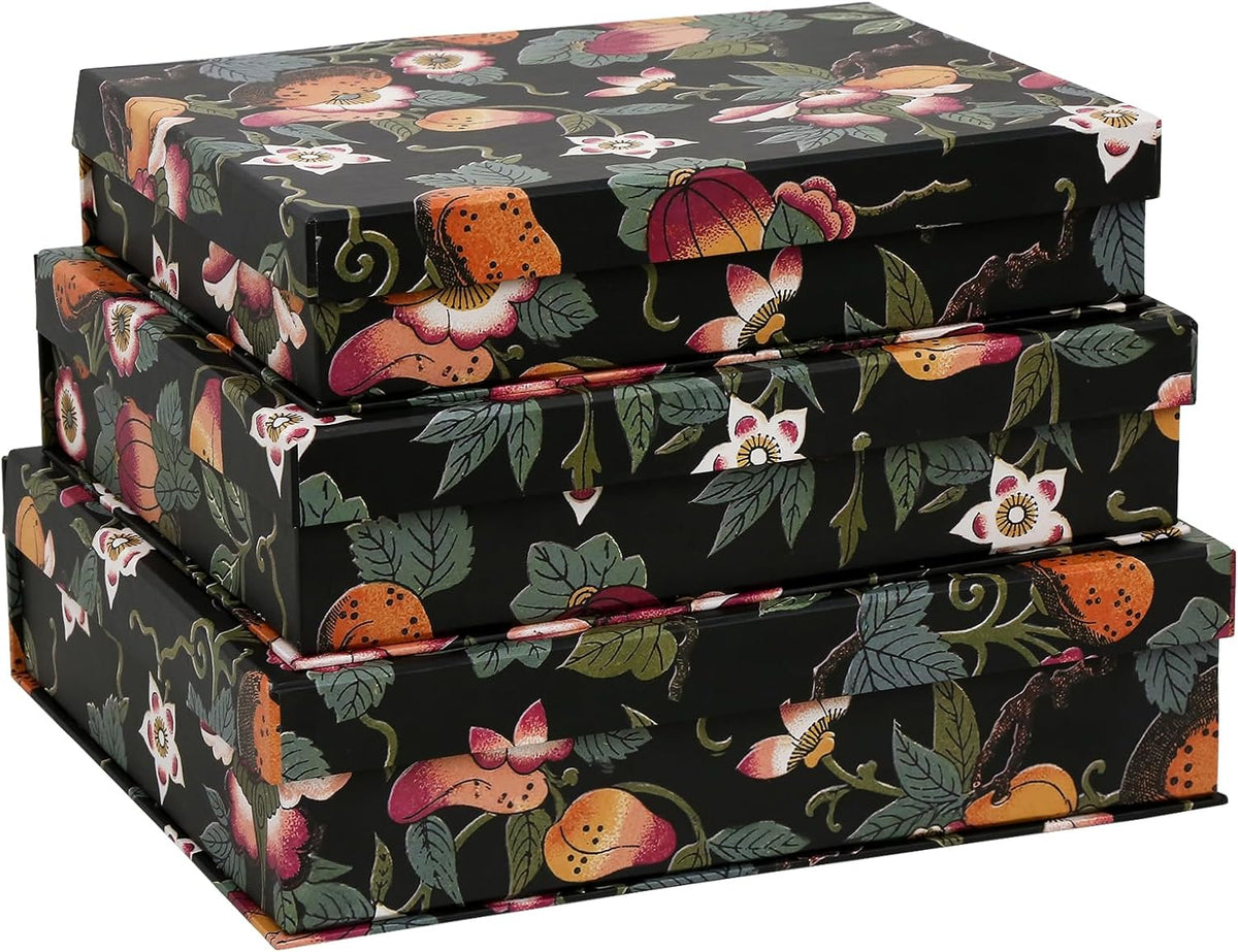 3-Piece Decorative Storage Boxes with Lids, Dark Botanical Floral & Fruit Pattern, Sturdy Cardboard Keepsake Boxes