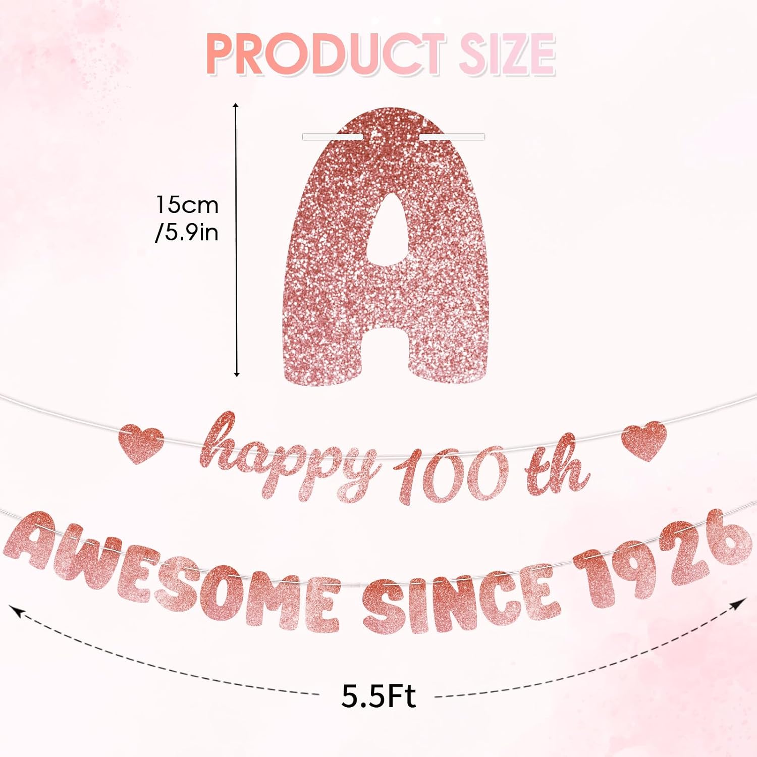 Rose Gold 100th Birthday Decorations for Women - Glittery Happy 100th Birthday Banner, Centenarian Awesome Since 1926
