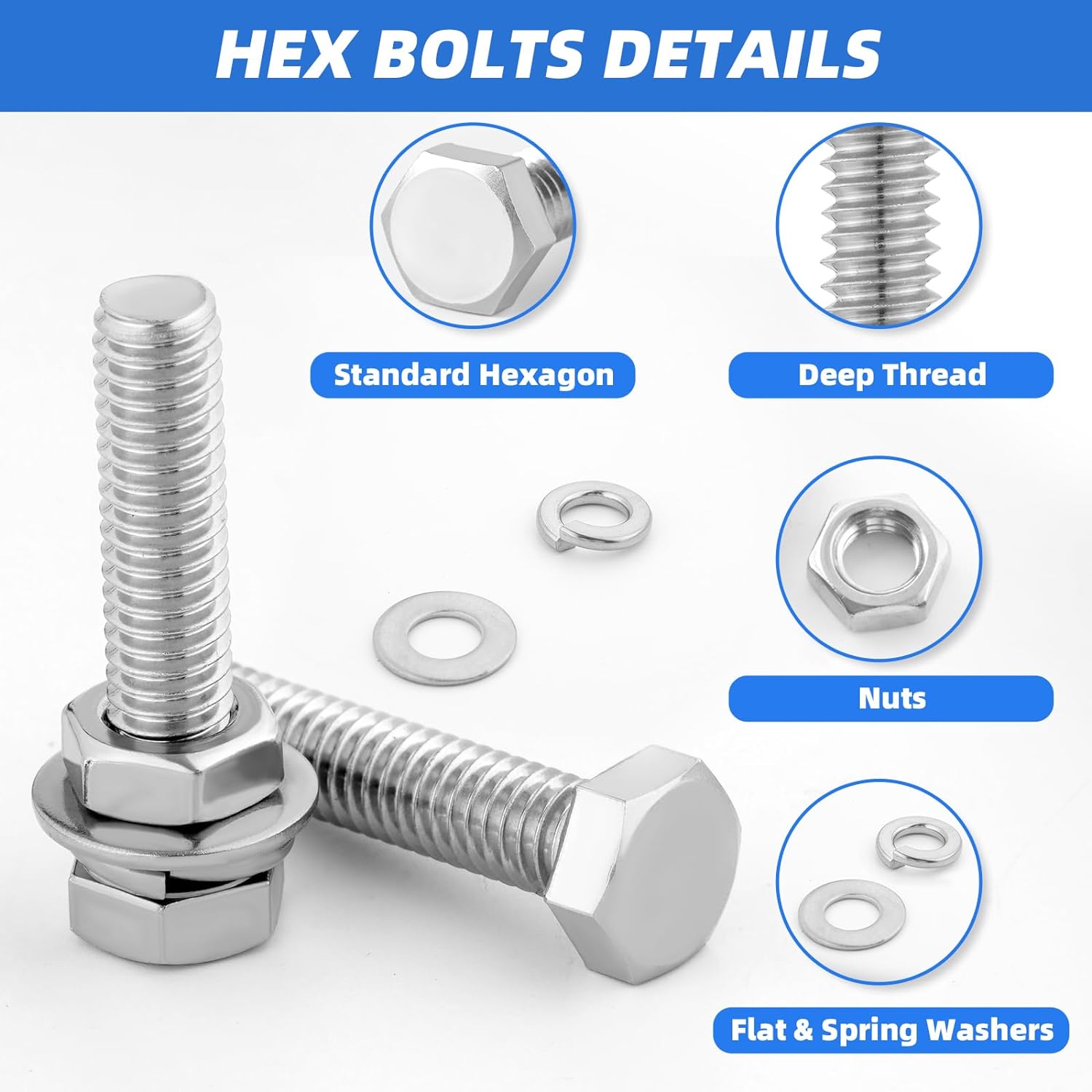 252Pcs Hex Bolts and Nuts Assortment Kit, 1/4-20, 5/16-18, 3/8-16 Assorted Bolts Nuts and Washers Kit, 304 Stainless