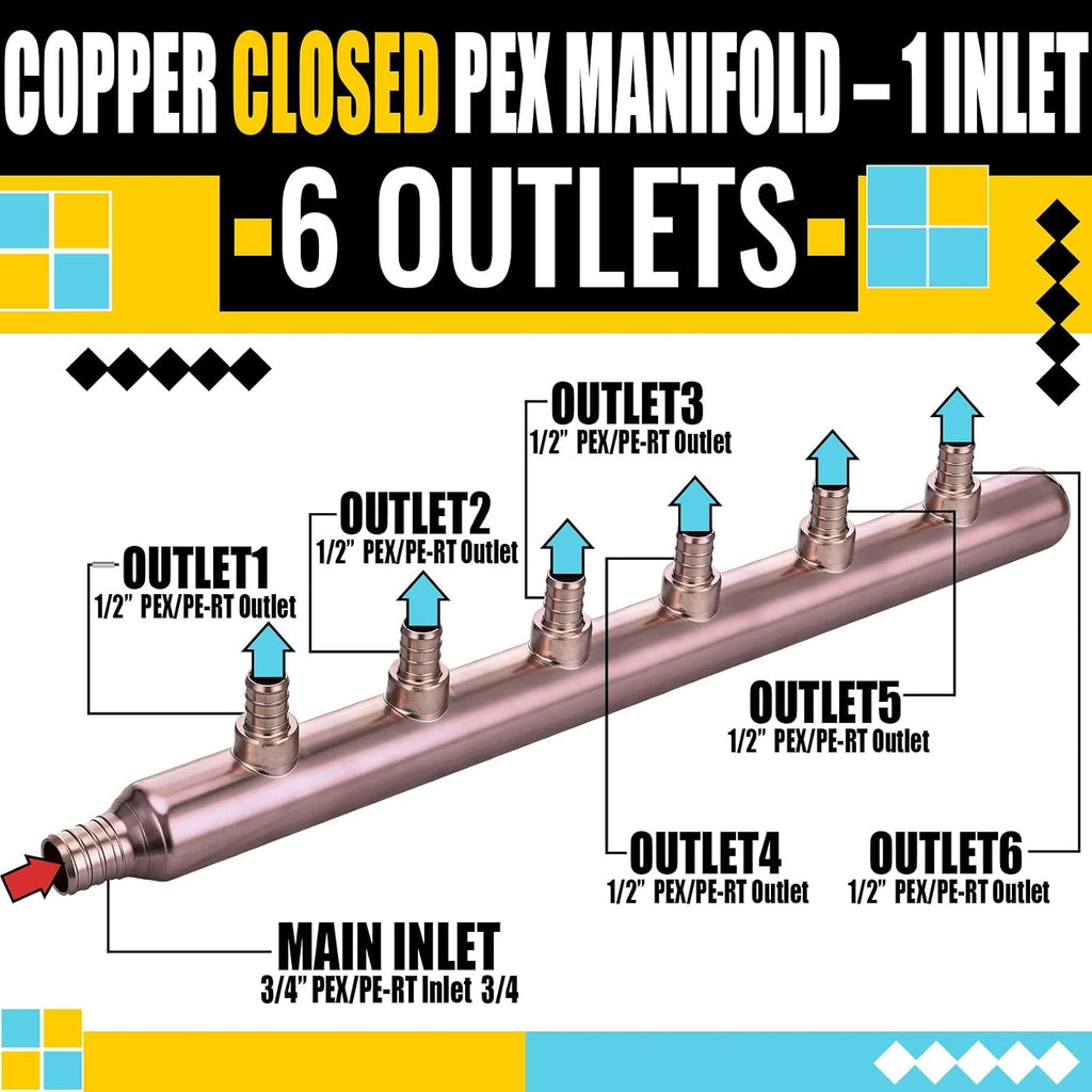 Zonon 1 Pack 6 Port Closed Crimp Lf Pure Copper Pex Manifold Tee
