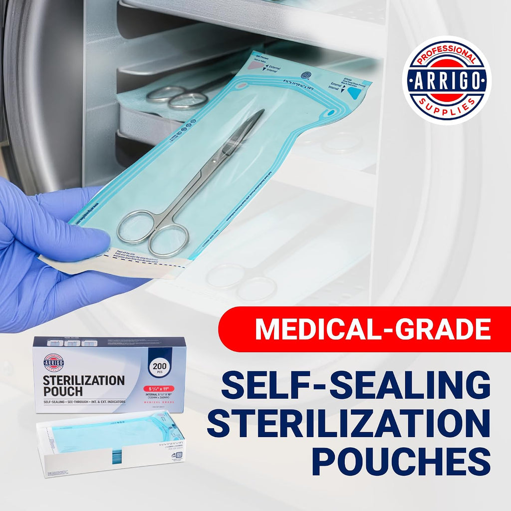 Arrigo Self-Sealing Sterilization Pouches 5.25" x 11" – 200 Count – Autoclave Bags with Internal & Dual (Int/Ext)