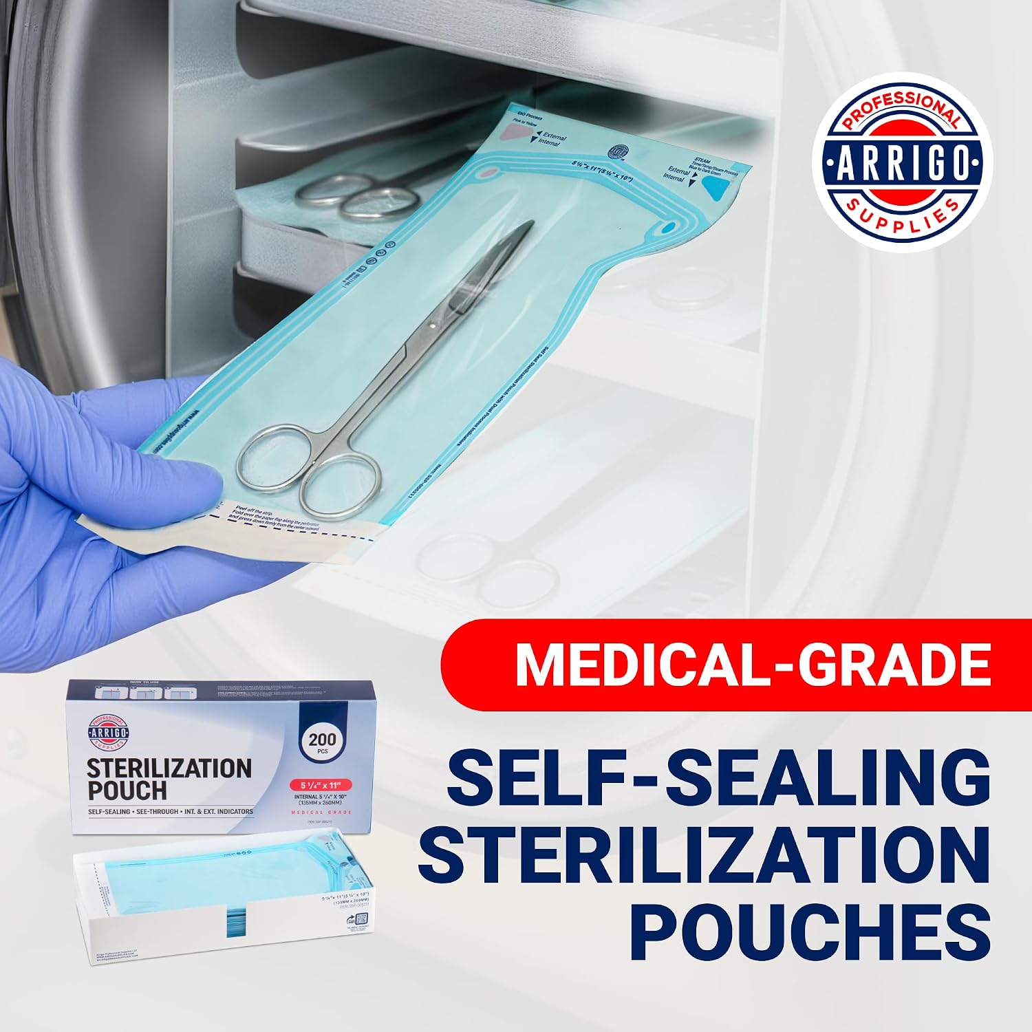 Arrigo Self-Sealing Sterilization Pouches 5.25" x 11" – 200 Count – Autoclave Bags with Internal & Dual (Int/Ext)