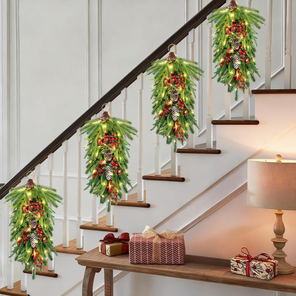 2025 Upgraded 26inch Christmas Swag with Lights Lush Norfolk Pine Teardrop Swags Christmas Wreaths with Lights