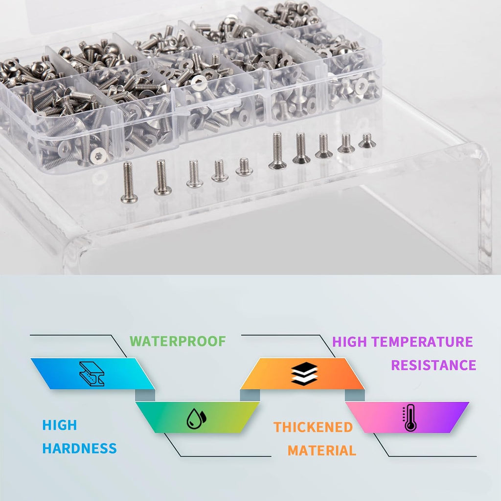 720 Pcs M3 Hex Socket Cap Bolts Screws Assortment Kit, Pan Head & Flat Head Hex Button Head Screws Assorted Stainless Steel, M3x(4mm/6mm/8mm/10mm/12mm) (Silver)