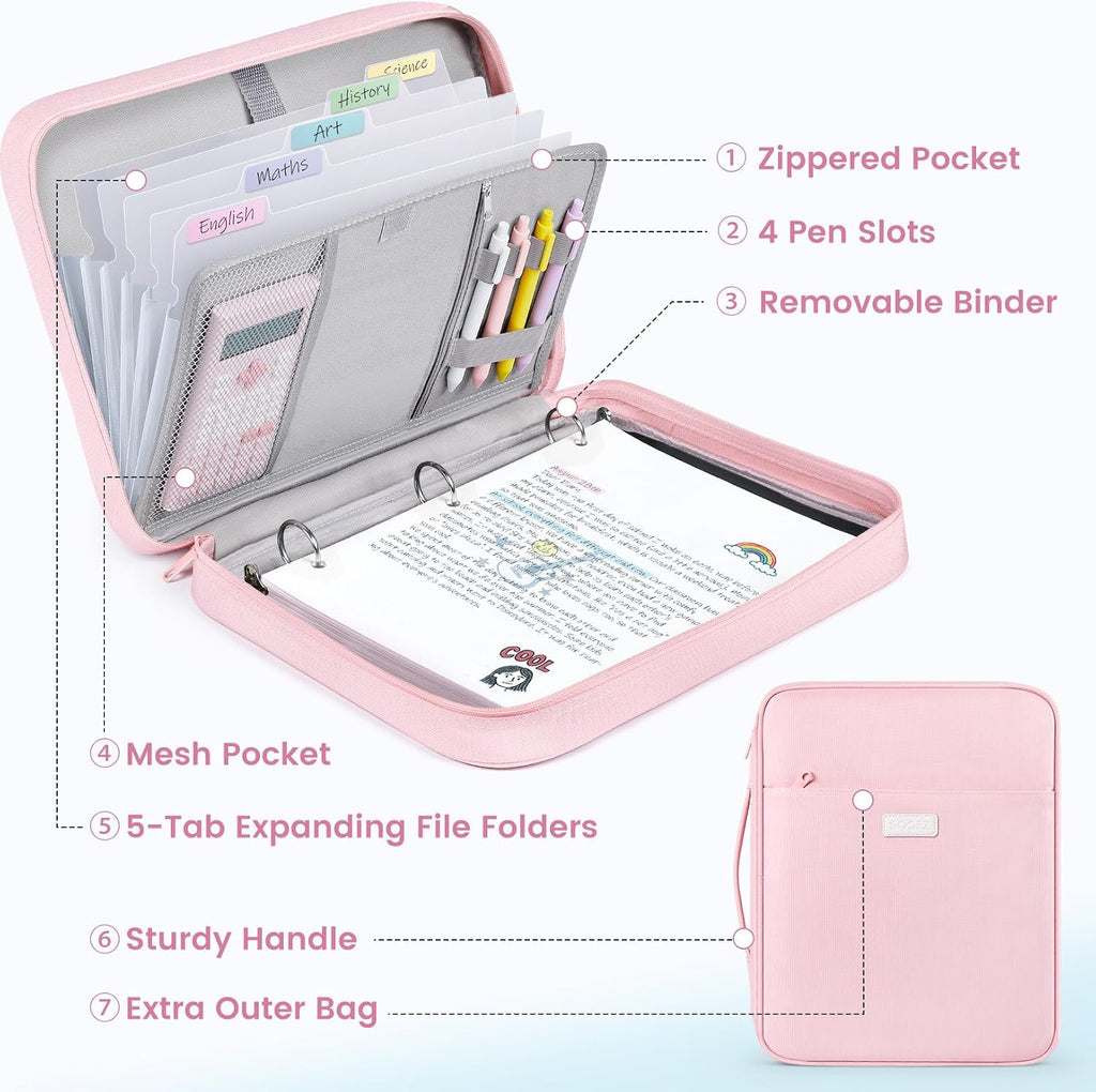 Zipper Binder Bag, 1.5 Inch Binders 3 Ring O-Ring, 5-Tab Dividers | Expanding File Folder, 650-Sheet Capacity Paper