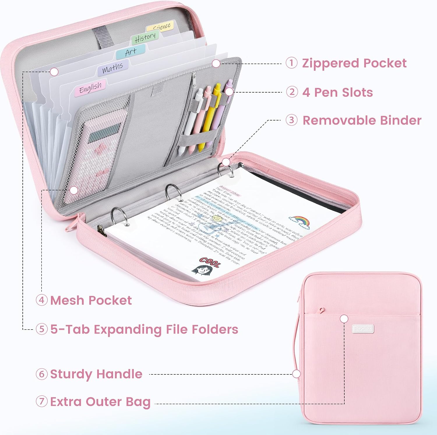 Zipper Binder Bag, 1.5 Inch Binders 3 Ring O-Ring, 5-Tab Dividers | Expanding File Folder, 650-Sheet Capacity Paper