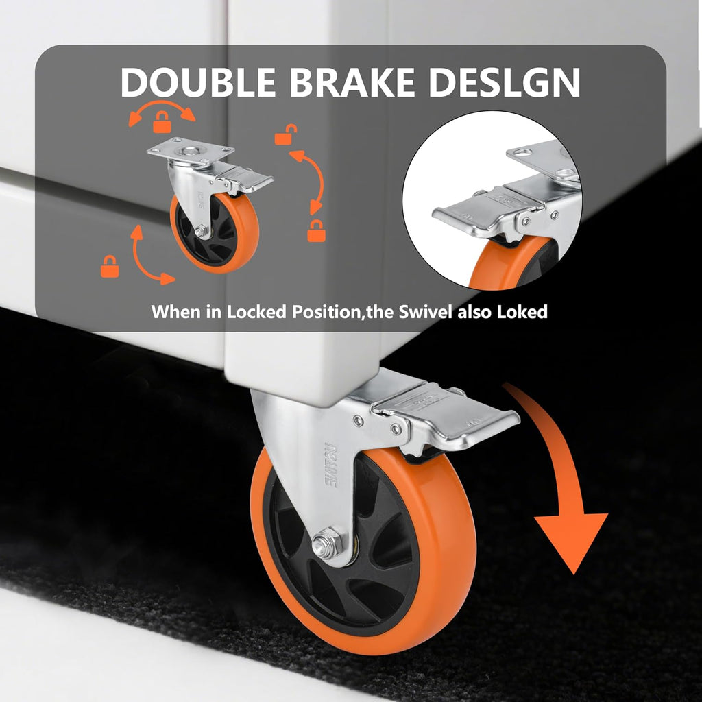 5 Inch Caster Wheels Set of 4 (2 Rigid, 2 Swivel with Brakes), 360 Degree Rotatable, Lockable Plate Caster Wheels