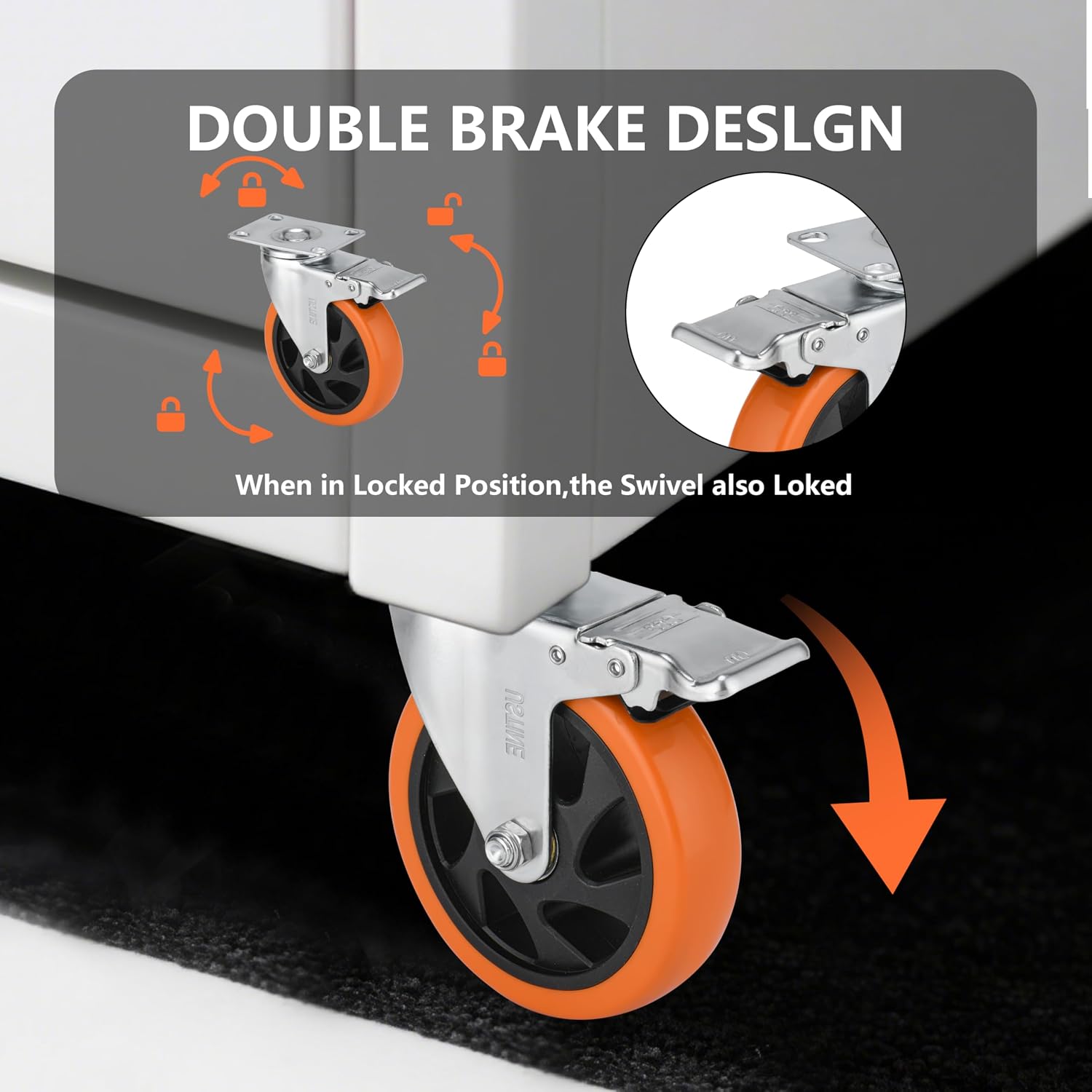 5 Inch Caster Wheels Set of 4 (2 Rigid, 2 Swivel with Brakes), 360 Degree Rotatable, Lockable Plate Caster Wheels