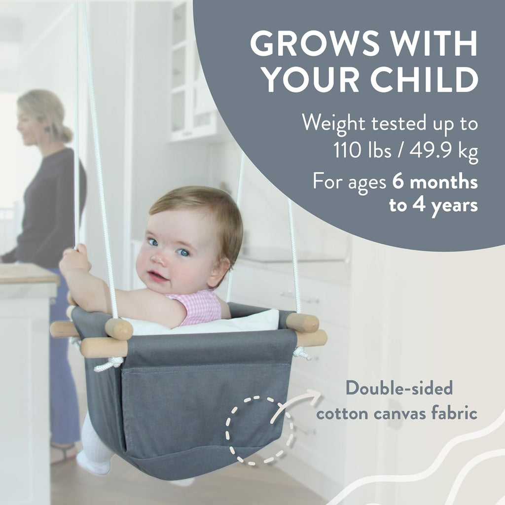 Baby Swing, Grey White Indoor Outdoor Portable Hanging Chair - Infant & Toddler Kids 6 Months - 4 Years, Cotton