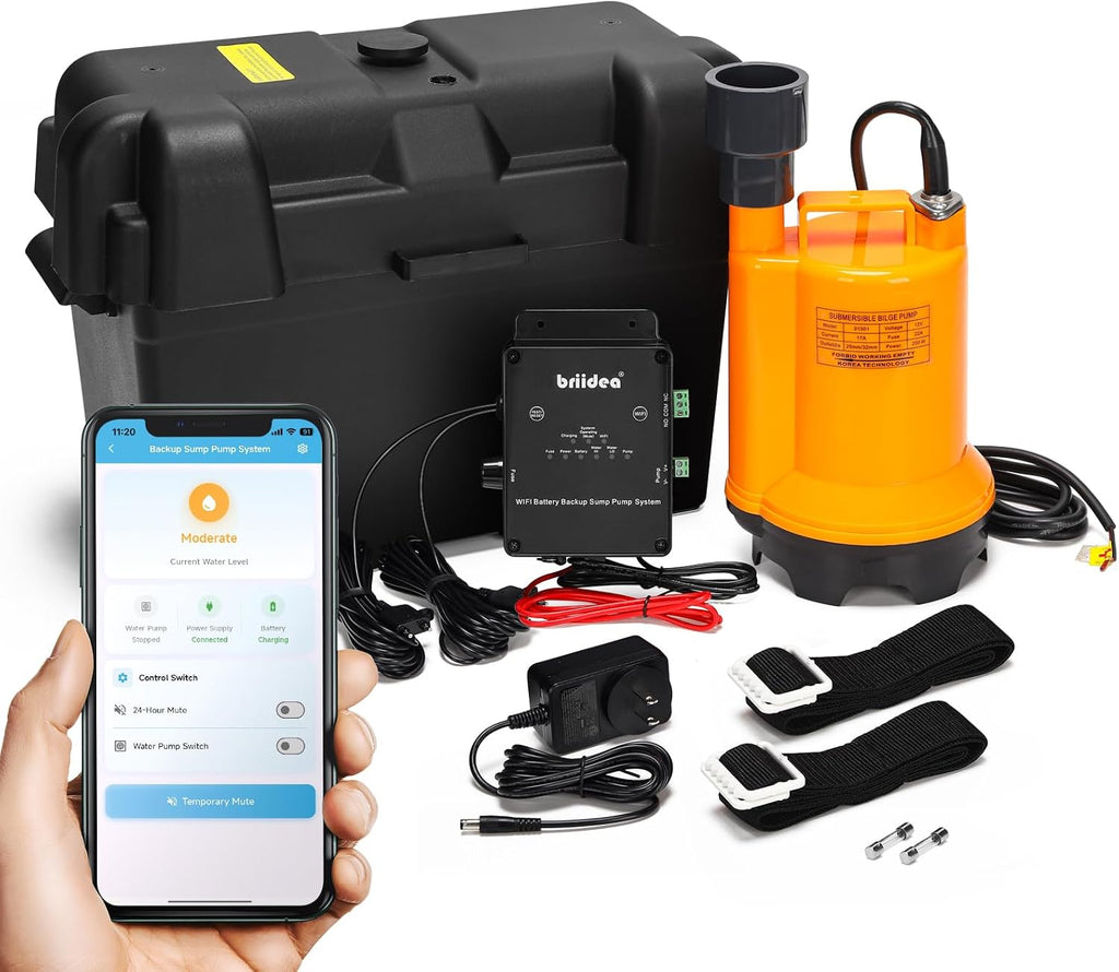 Battery Backup Sump Pump System for Basement, 12V Battery Compatible (Battery Not Included), Dual 2.4G/5G WiFi