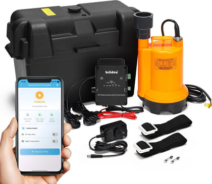 Battery Backup Sump Pump System for Basement, 12V Battery Compatible (Battery Not Included), Dual 2.4G/5G WiFi