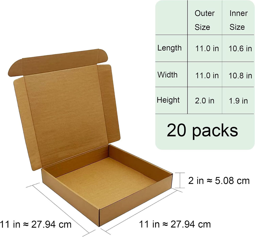 11x11x2 inch Shipping Boxes 20 Pack, Brown Corrugated Cardboard Mailer Box