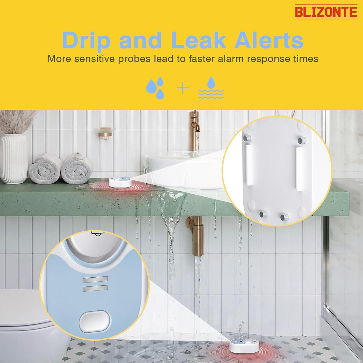 Water Leak Detector 5 Pack, 5-Year Battery Life, Water Alarm with Low Battery Warning, 100dB Loud Sound and Self-Test